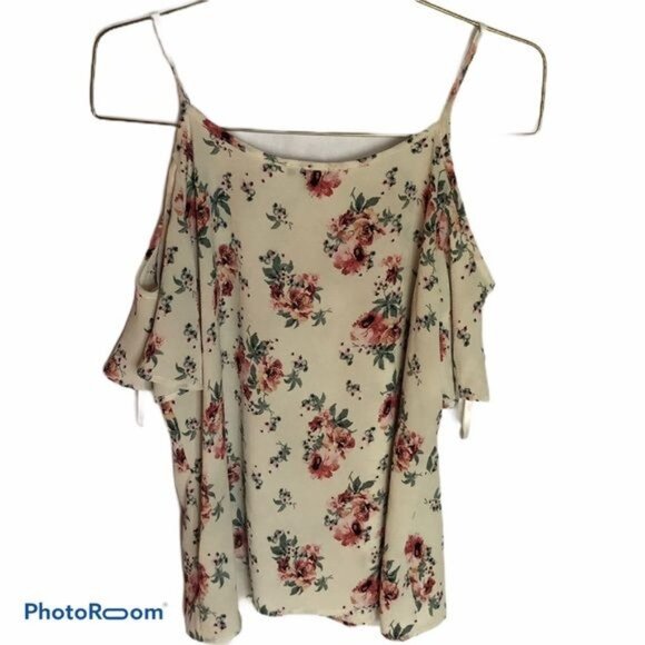 AUW white floral short sleeve shirt polyester blend large READ - Picture 2 of 5